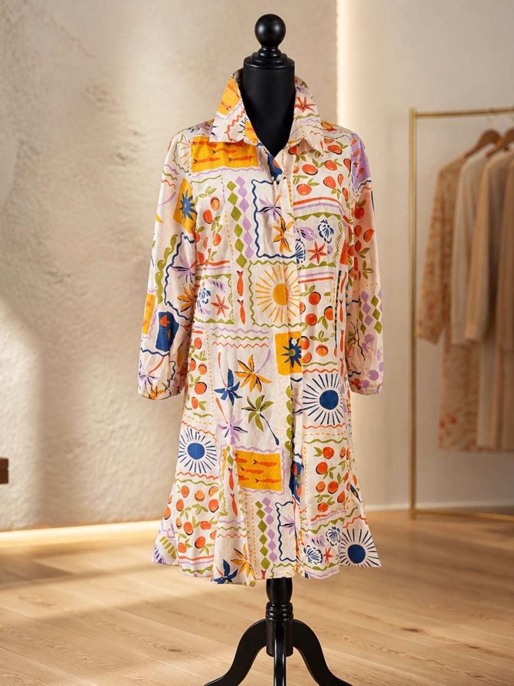 Colorful Linen Cotton Floral Button-Front Shirt Dress